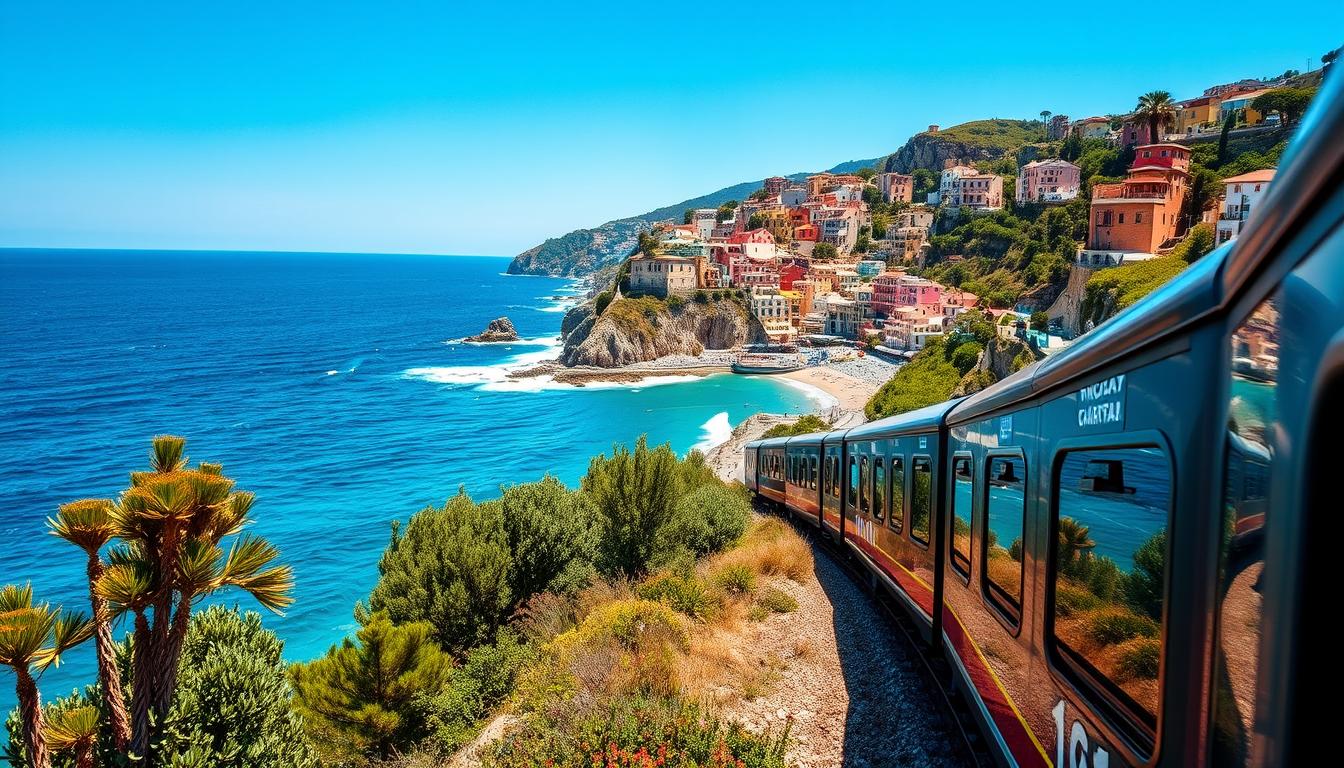 A train journey along a Italian European coastline, passing colorful seaside villages, lush greenery, and sparkling blue waters.