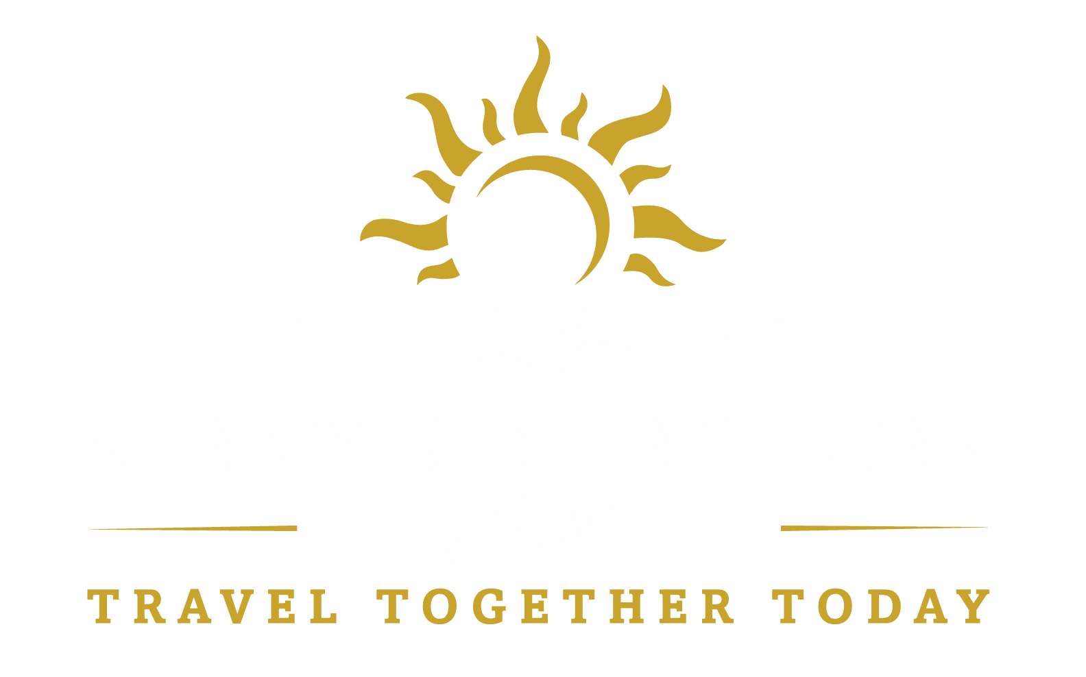 Sunny Destinations Travel logo featuring a stylized sun and ocean waves in gold and blue, symbolizing luxury beach vacations and sunny travel adventures.