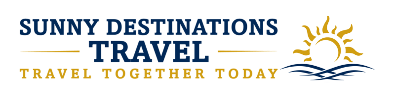 Versatile Sunny Destinations Travel logo displaying a sun and waves, ideal for representing global travel services and holiday planning.